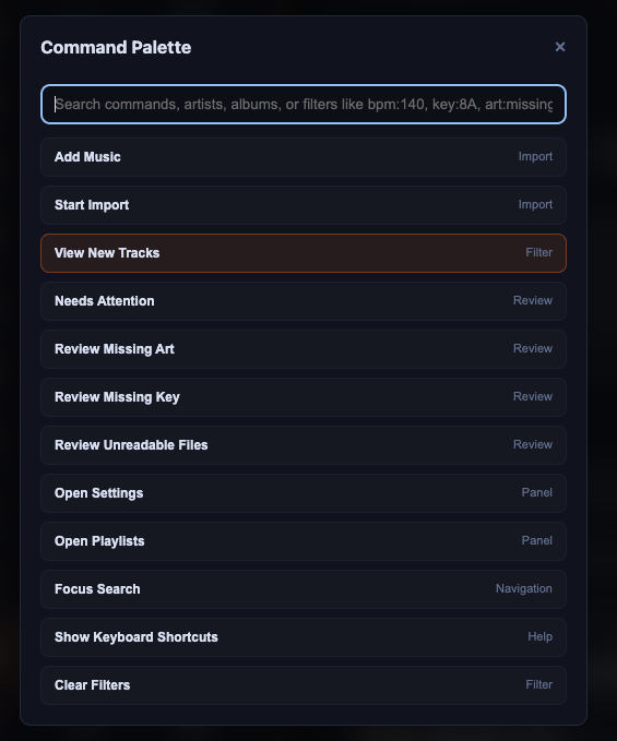 DJ Assist command palette with add music, start import, and review actions.